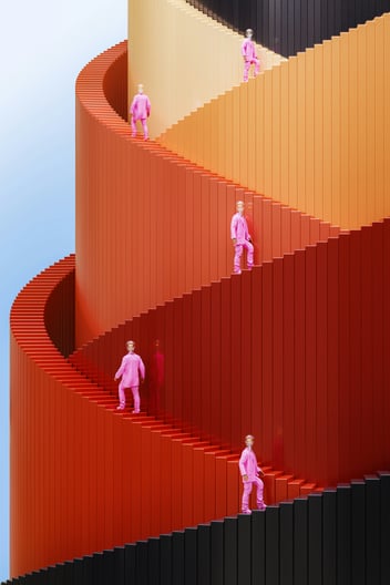 a group of people standing on a multicolored staircase 