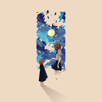 a girl looking at her younger self with the night sky in the background