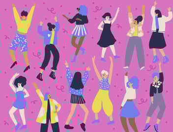 women dancing around confetti 