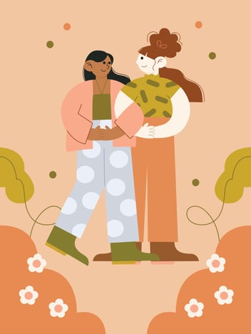 two women standing with linked arms