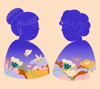a picture of two women and flowers growing within 