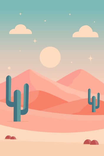 a desert scene with cactus, trees, and mountains