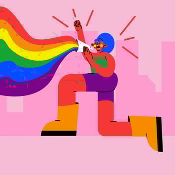 person holding a megaphone that is spilling a rainbow
