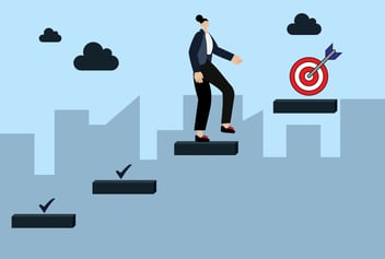 a person climbing career ladder to target sign