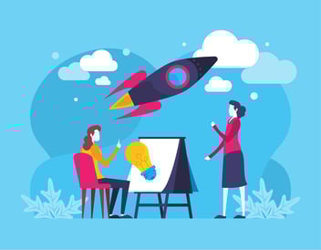 women brainstorming while rocket takes off in the back