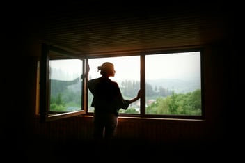 woman gazing out window