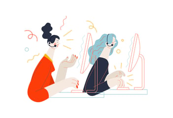 two call agents talking while on computers