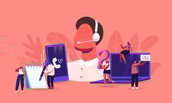 support staff with headset in the middle with laptop phone and notepad