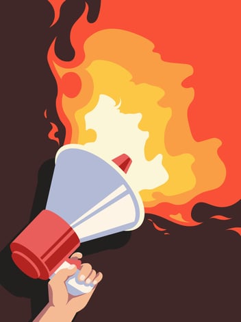 a person holding a megaphone that spits fire in shape of protesters