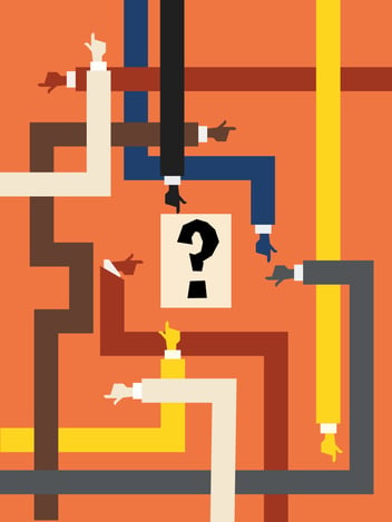 multiple arms pointing to a question mark