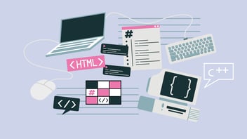 coding languages floating with electronic devices