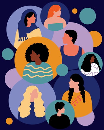 a group of people with different colors around them 