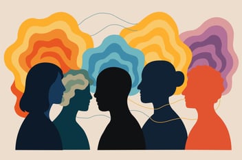 women standing with big splashes of color surrounding their heads 