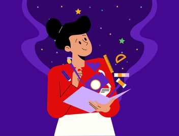 woman writing in an open book that is spilling out different STEM symbols