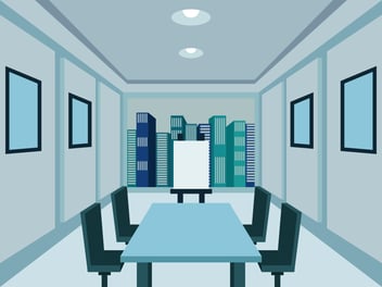 a conference room with cityscape 