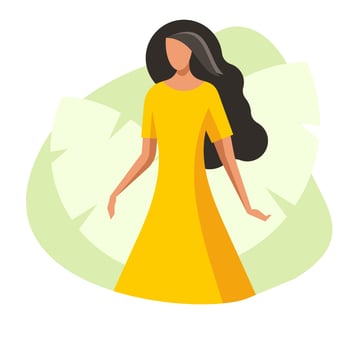 woman in a yellow dress and flowing hair with green leaf background