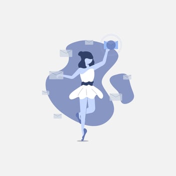 a woman in a white dress dancing around floating envelopes