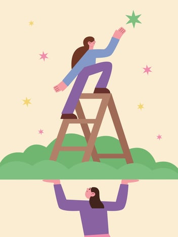 woman lifting up a ladder that another woman is climbing to reach the stars