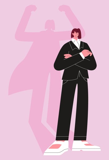 person standing in suit with super woman shadow 