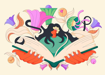 a woman opening a book and surrounded by florals