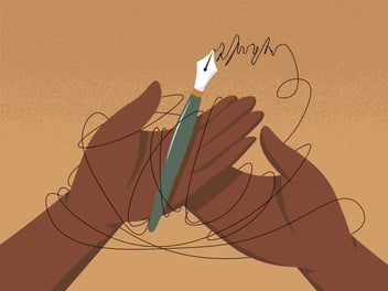 hands holding a fountain pen with lines all around it