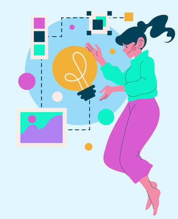 a woman floating with a light bulb 
