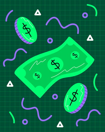 a green dollar bill with green coins